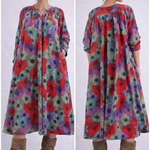 Péro Artisan Handmade Wool Dress M Lagenlook Oversized Floral Midi Button Front